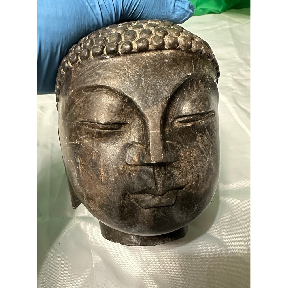 Stone Buddha Head Sculpture Dark Bronze Finish‎ Zen Asian Decor 8"